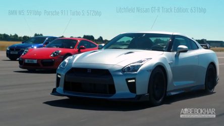 مسابقه درگ بین پورشه ۹۱۱ Turbo S و نیسان GT-R Litchfield و ب ام و M5 + ویدیو