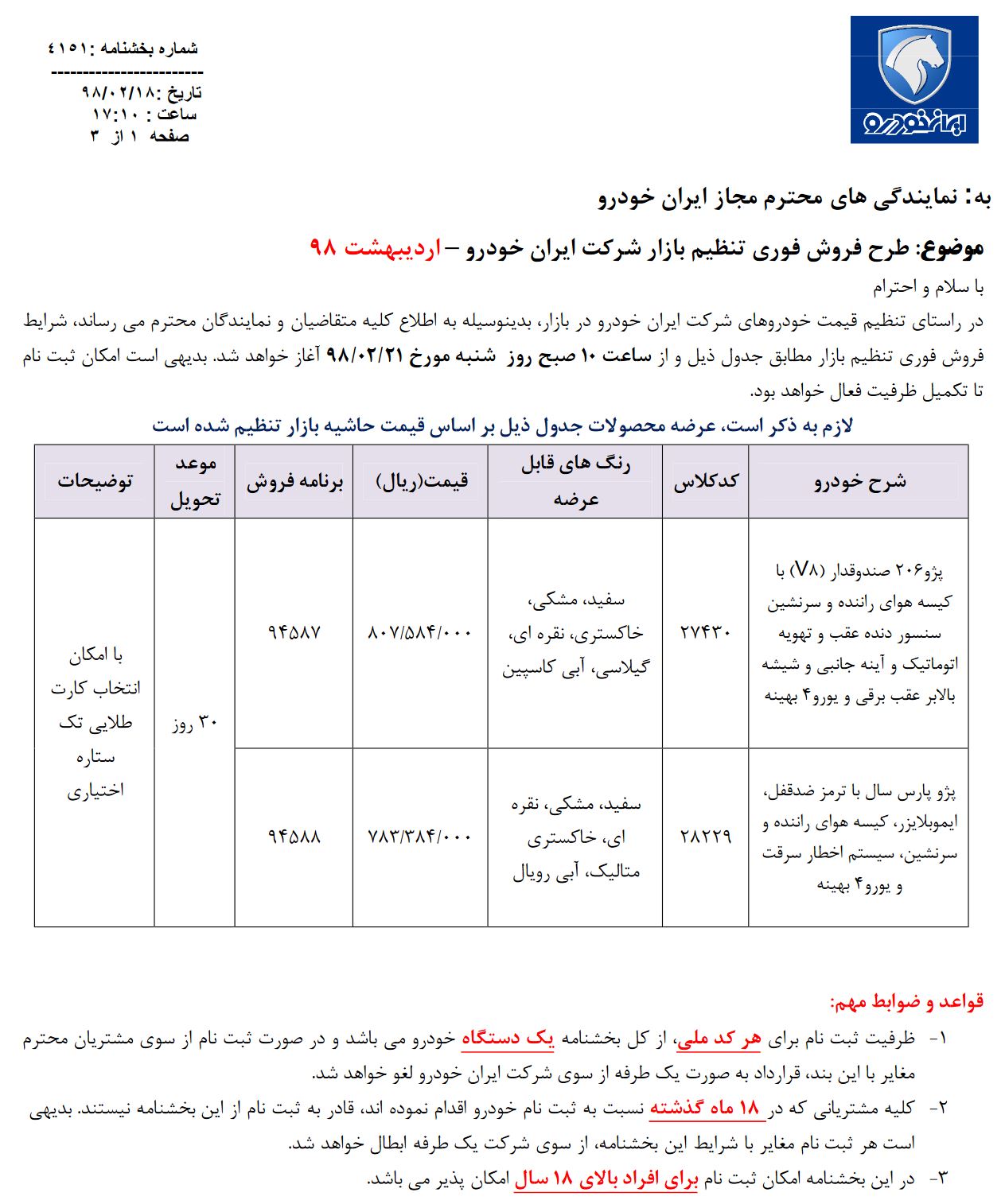 شرایط فروش فوری ایران خودرو اعلام شد - 21 اردیبهشت 98