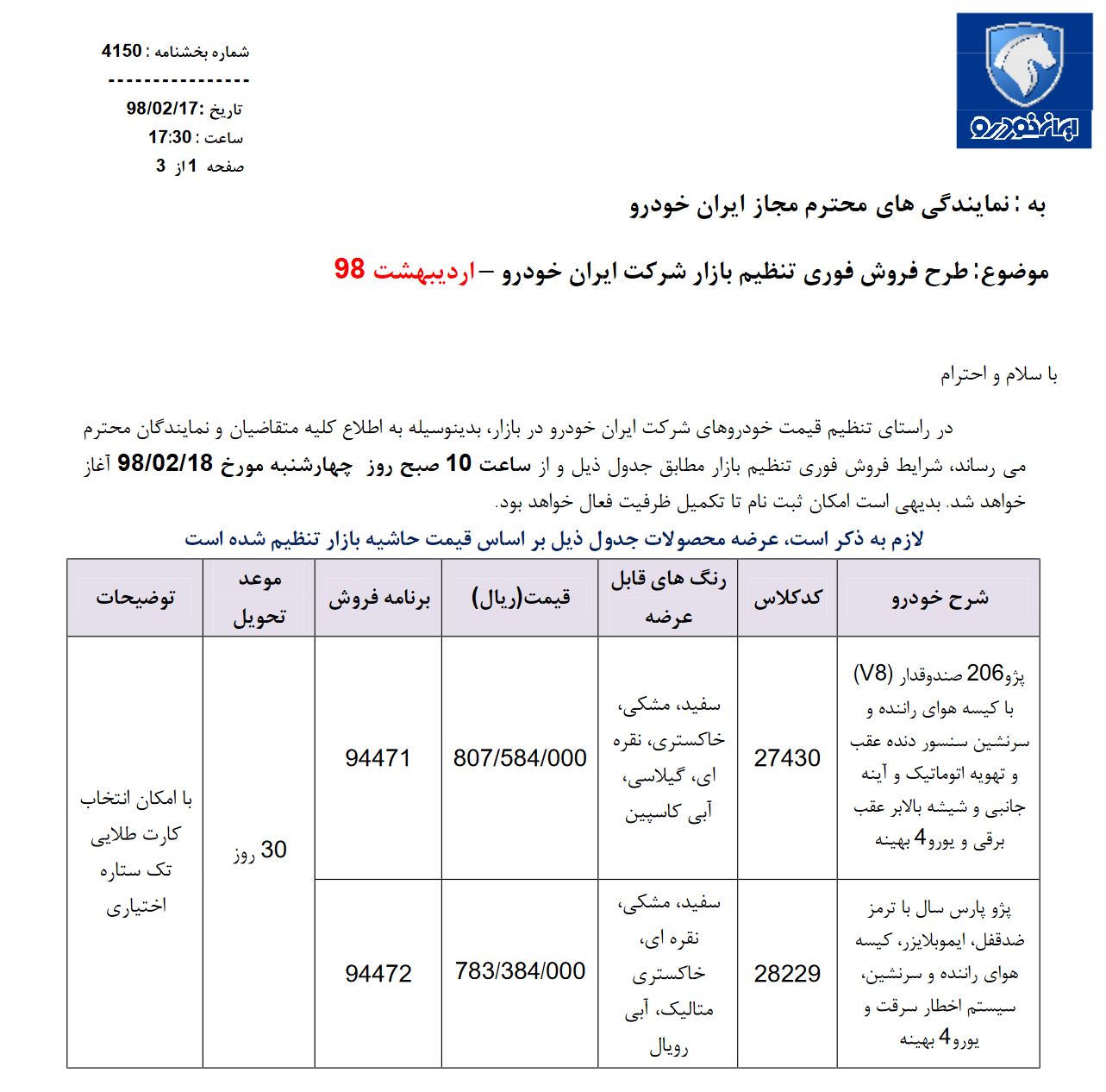 شرایط فروش فوری ایران خودرو اعلام شد - 18 اردیبهشت 98