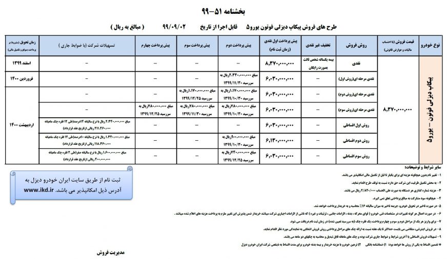 شرایط فروش فوتون تونلند S دیزلی