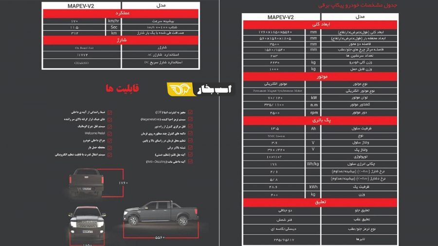 مشخصات پیکاپ و خودروی برقی مپنا MAPEV-V2