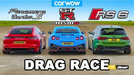 درگ نیسان GT-R با پورشه پانامرا توربو هیبرید و آئودی RS6 واگن + ویدیو