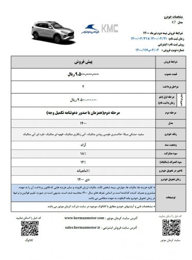 شرایط فروش KMC K7 کرمان موتور با قیمت قطعی تیر 1400