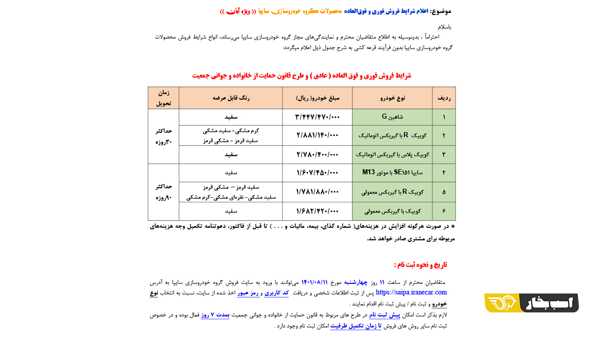 شرایط فروش فوری محصولات سایپا - آبان 1401