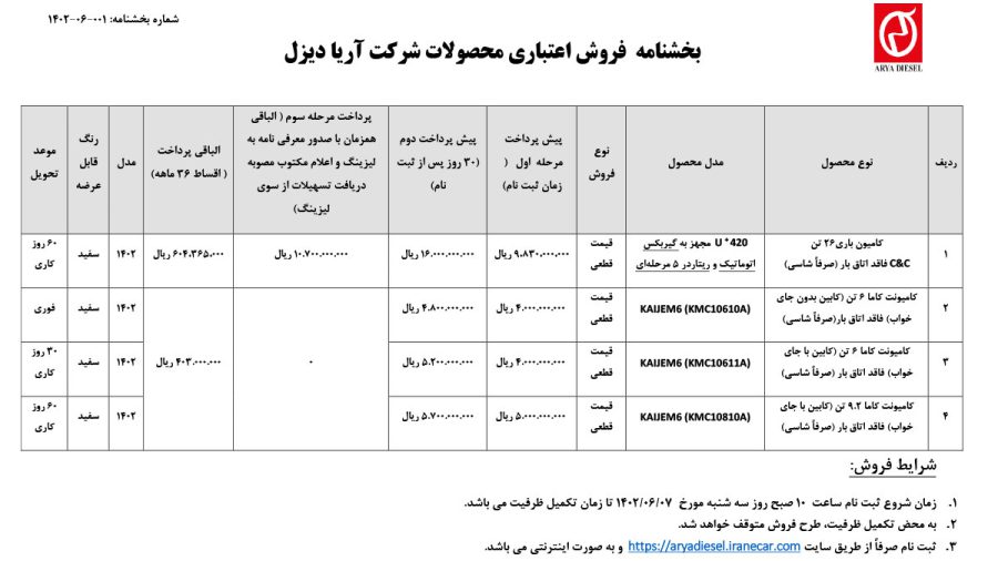 شرایط فروش اقساطی آریا دیزل