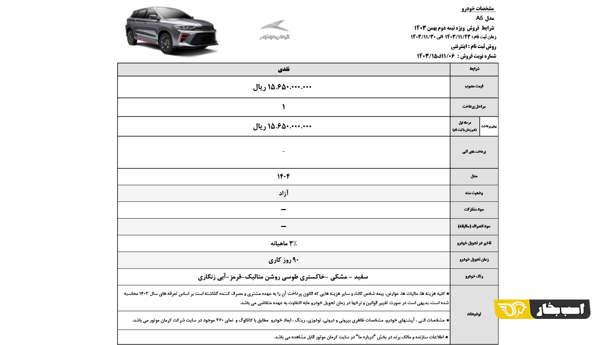شرایط فروش کی ام سی A5