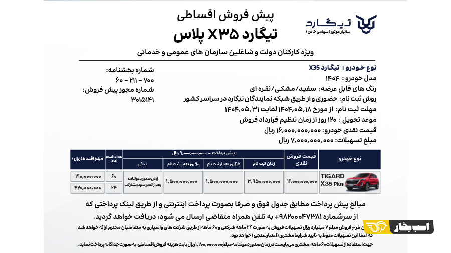شرایط فروش تیگارد X35 مرداد 1404
