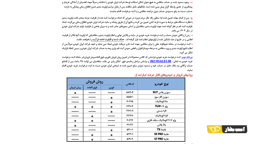 اطلاعیه فروش ایران خودرو مرداد 1404