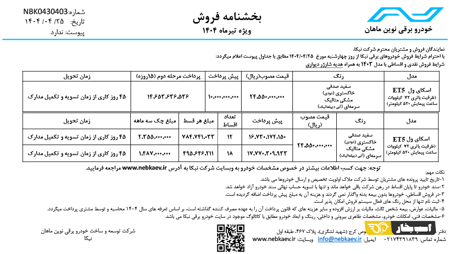 شرایط فروش اسکای ول ET5 مرداد 1404