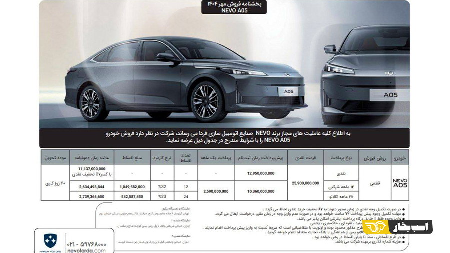 شرایط فروش نوو A05 مهر 1404