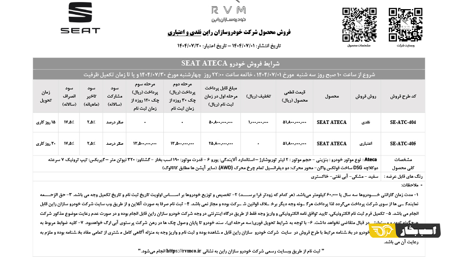 شرایط فروش سئات آتکا مهر 1404