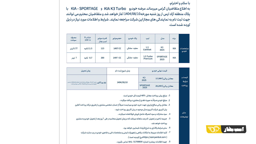 شرایط فروش کیا اسپورتیج آبان 1404