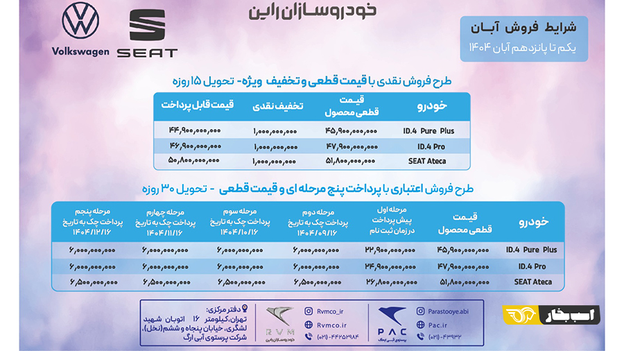 شرایط فروش سئات آتکا و فولکس واگن id4 - آبان 1404