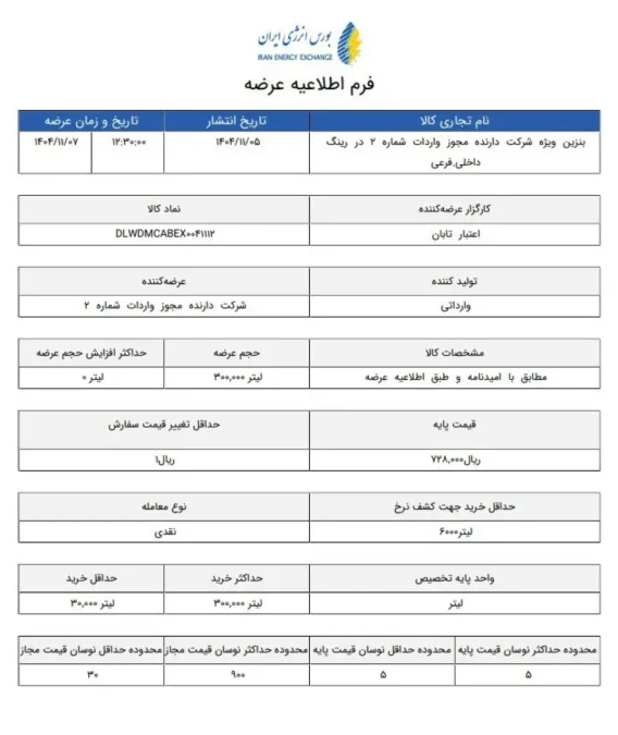اطلاعیه بورس انرژی بنزین سوپر بهمن 1404