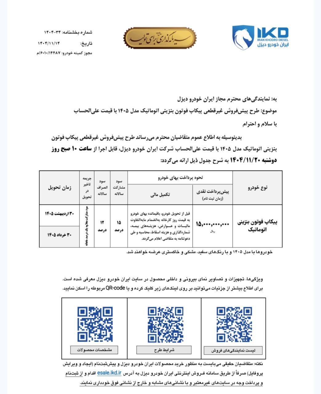 شرایط فروش فوتون تونلند G7 بهمن 1404