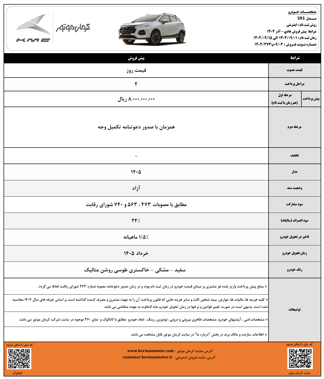 شرایط فروش کی ام سی SR3 آذر 1404