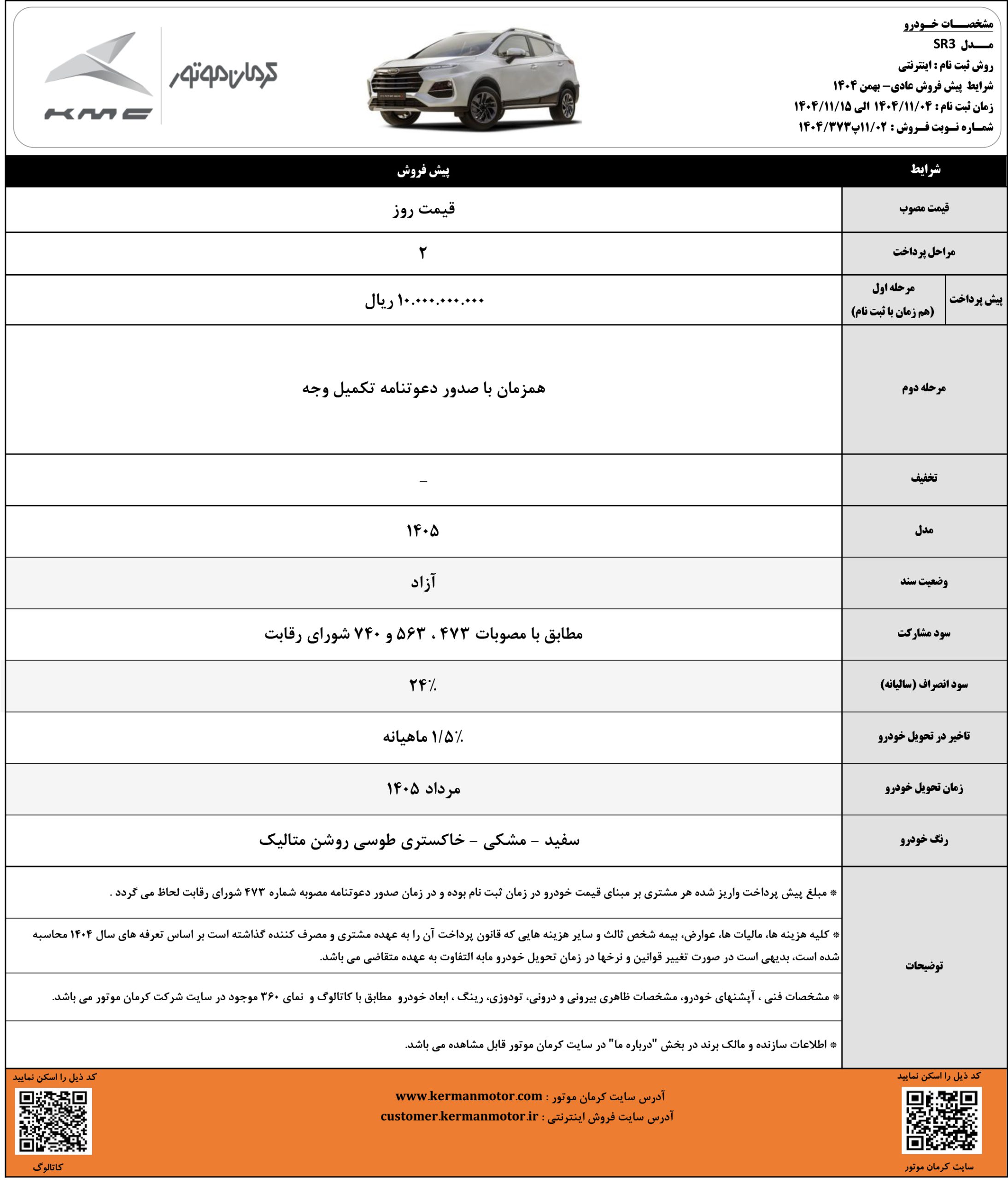 شرایط فروش کی ام سی SR3 بهمن 1404