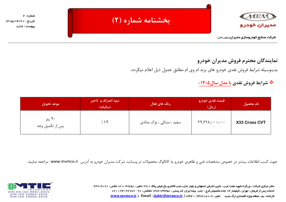 شرایط فروش ام وی ام X33 کراس اتوماتیک تیر 1405