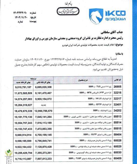قیمت محصولات ایران خودرو بهمن 1404