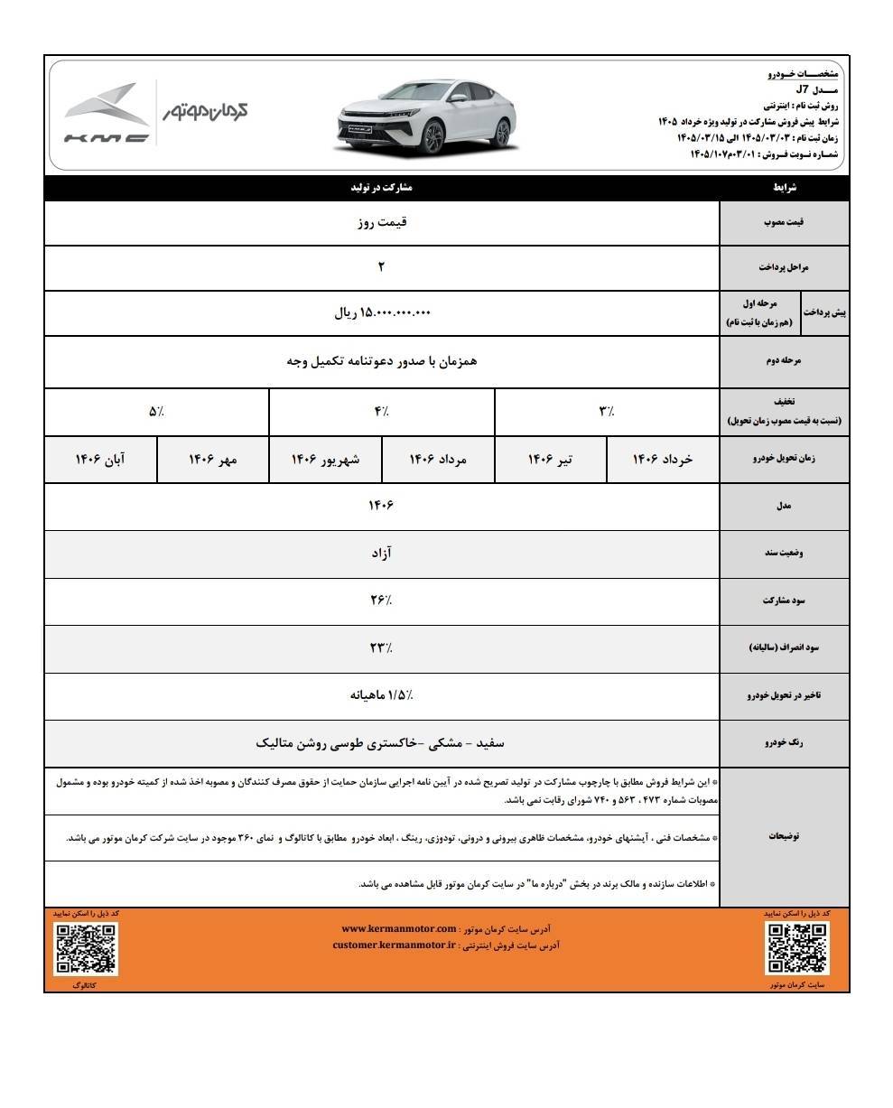 شرایط فروش کی ام سی J7 خرداد 1405