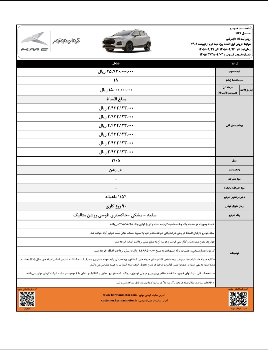 شرایط فروش کی ام سی SR3 اردیبهشت 1405