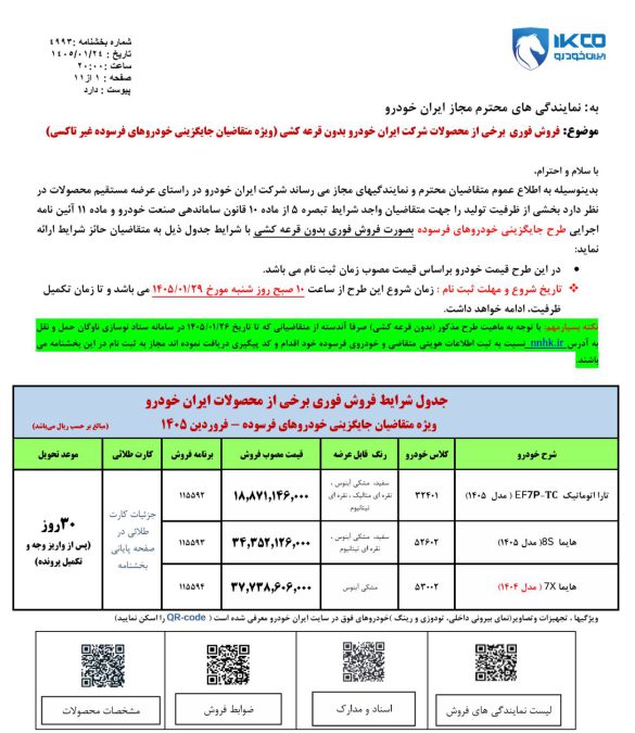 شرایط فروش ایران خودرو فروردین 1405