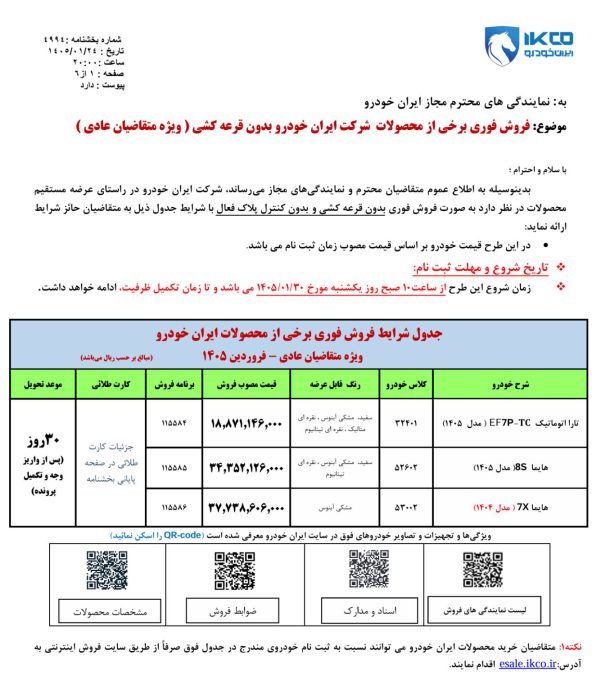 شرایط فروش ایران خودرو فروردین 1405