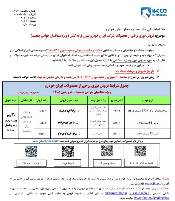 شرایط فروش ایران خودرو فروردین 1405