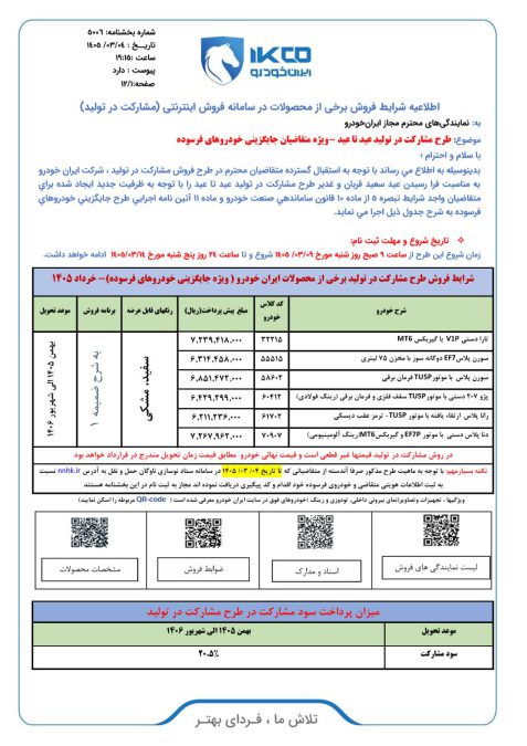 شرایط فروش ایران خودرو خرداد 1405