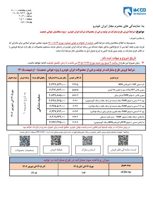 شرایط فروش ایران خودرو اردیبهشت 1405