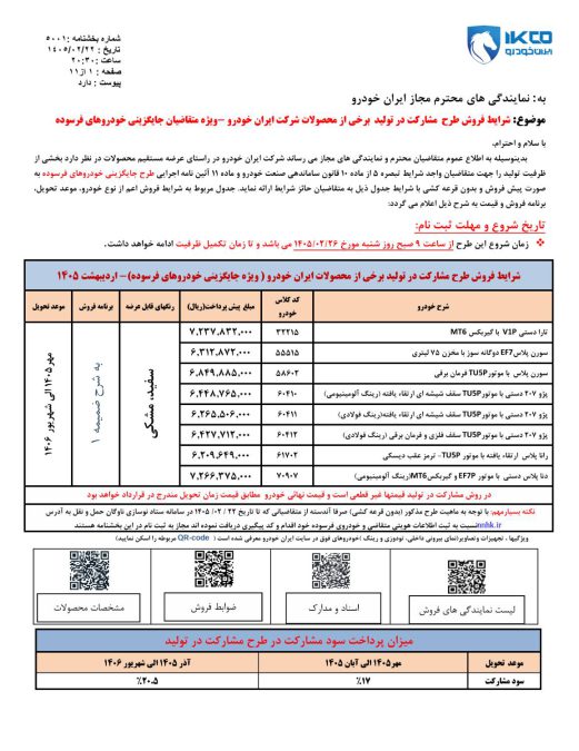 شرایط فروش ایران خودرو اردیبهشت 1405