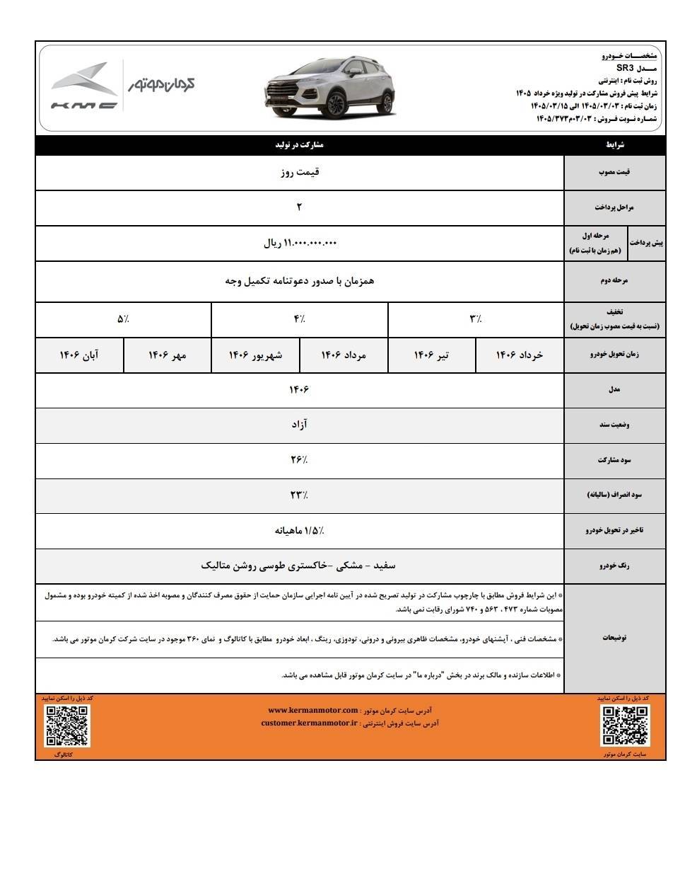 شرایط فروش کی ام سی SR3 خرداد 1405