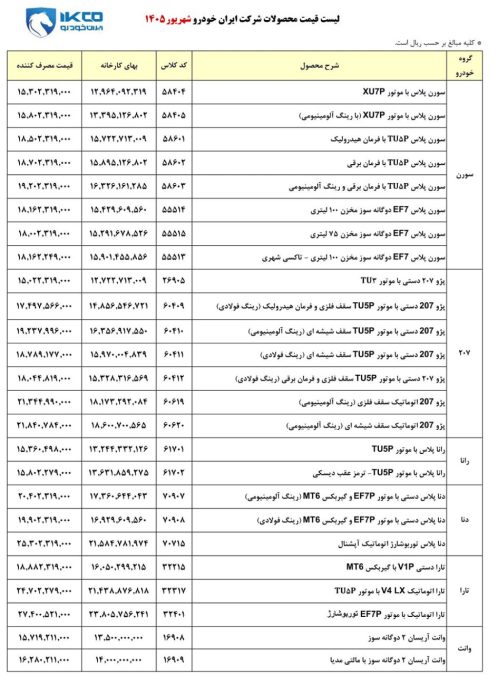 قیمت محصولات ایران خودرو شهریور 1405