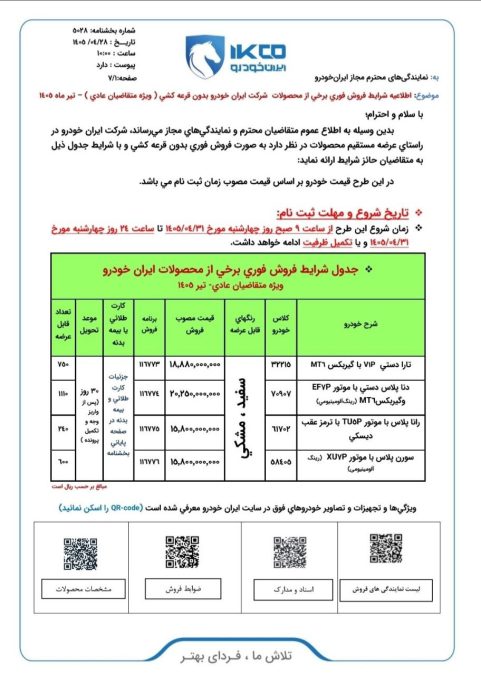 شرایط فروش ایران خودرو تیر 1405