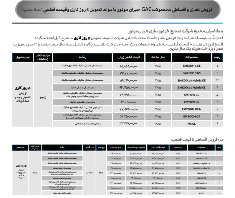 شرایط فروش جیران موتور مهر 1405