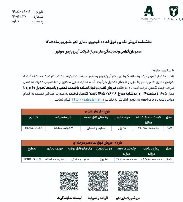 شرایط فروش لاماری اکو شهریور 1405