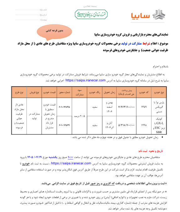 شرایط فروش پارس نوآ مهر 1405
